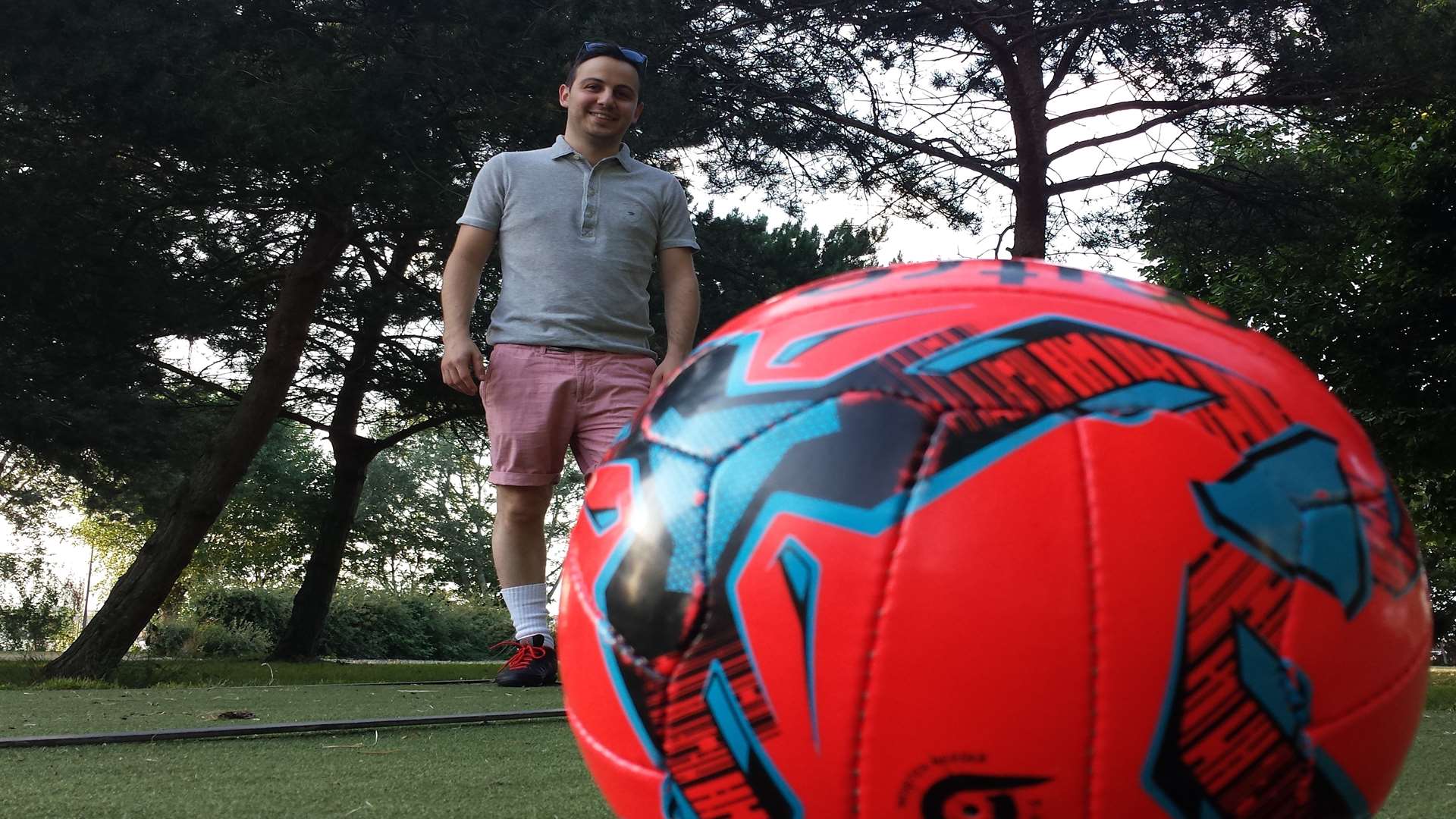 Pietro Boffa from Gravesend lines up a shot on the footgolf course at the Strand in Gillingham