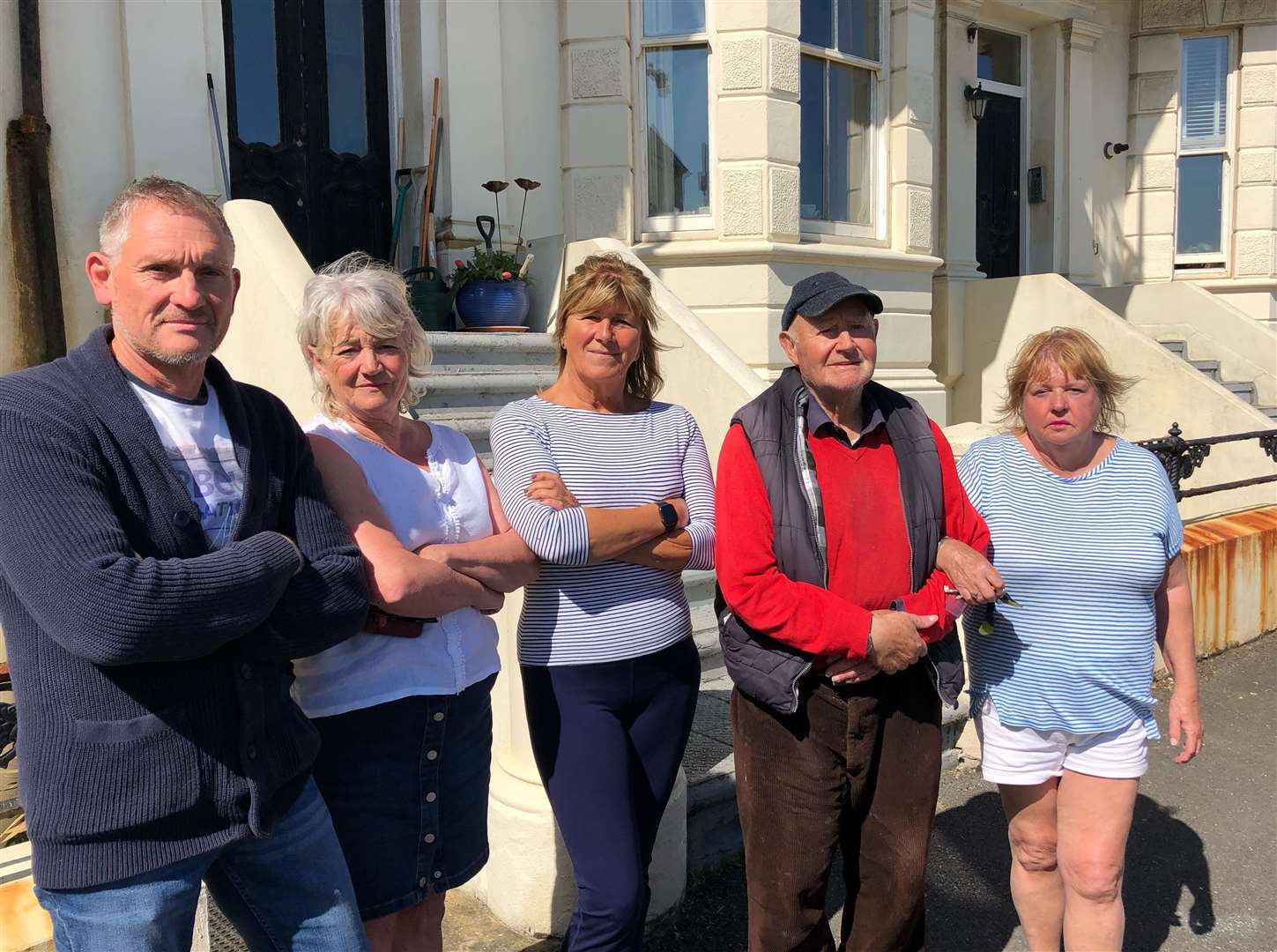 (L to R) Phil Jones, Judi Varona, Kelly Scott, Richard Highwood and Katrina Harris are among the leaseholders in Marine Crescent, Folkestone, being told to pay £11,000 each for repairs