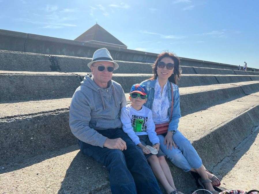 Iain, Judy and Charles Scadeng at Sheerness Beach. Picture: Megan Carr