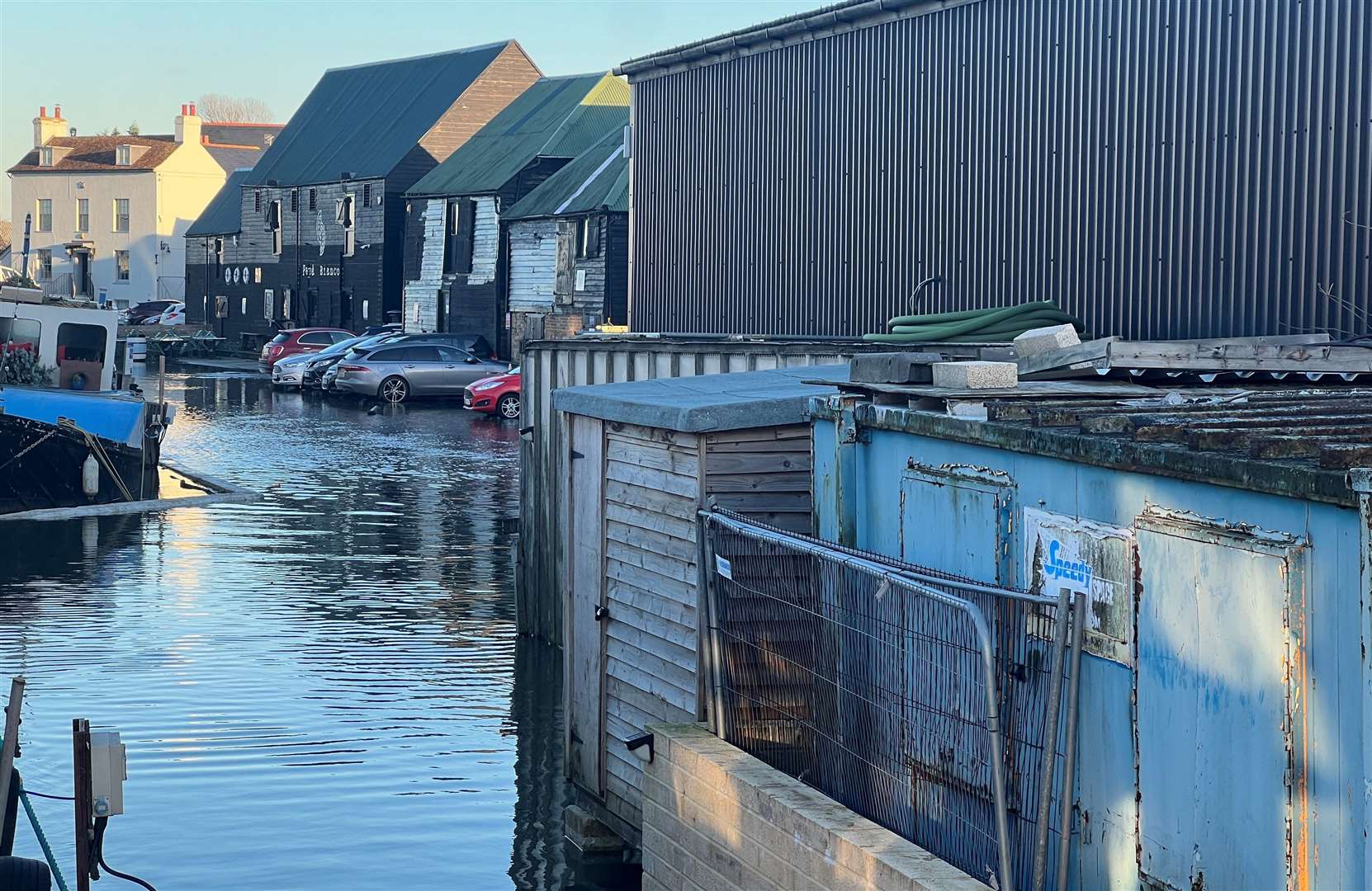 Flooding this afternoon at the Standard Quay in Faversham