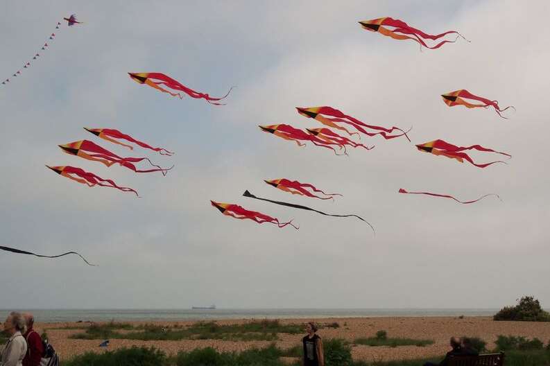Kites like fireworks flying above the sky at Walmer by Kent Kite Fliers. PICTURE Jim Whalley