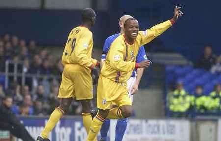 Wallace celebrates after putting Gills ahead at Ipswich. Picture: GRANT FALVEY