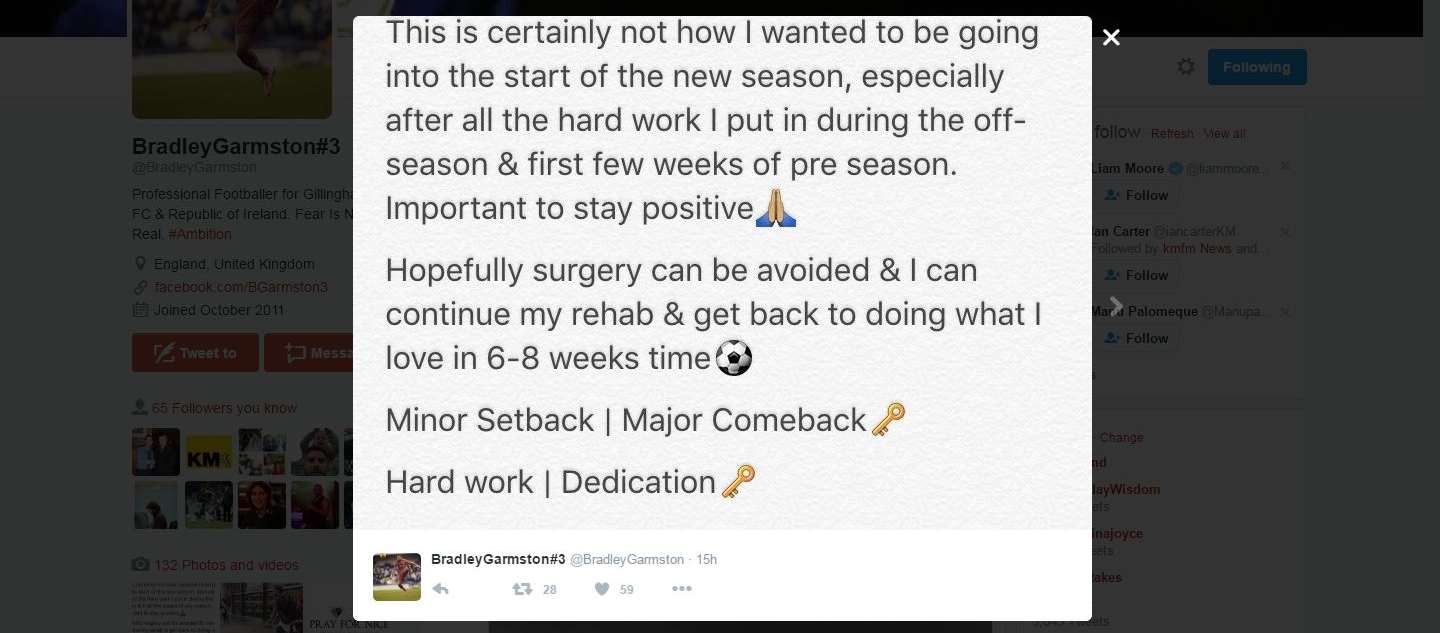 Bradley Garmston's twitter message with an injury update