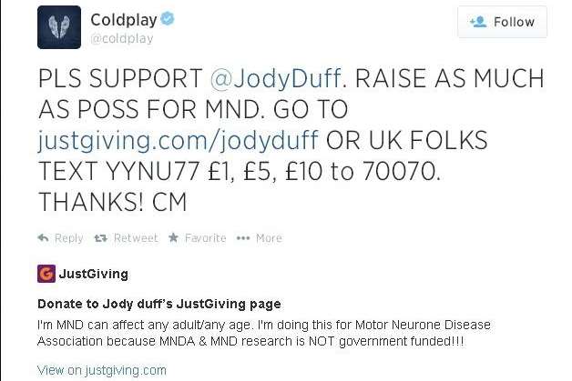 Coldplay asked their Twitter followers to donate to Jody's fundraising campaign
