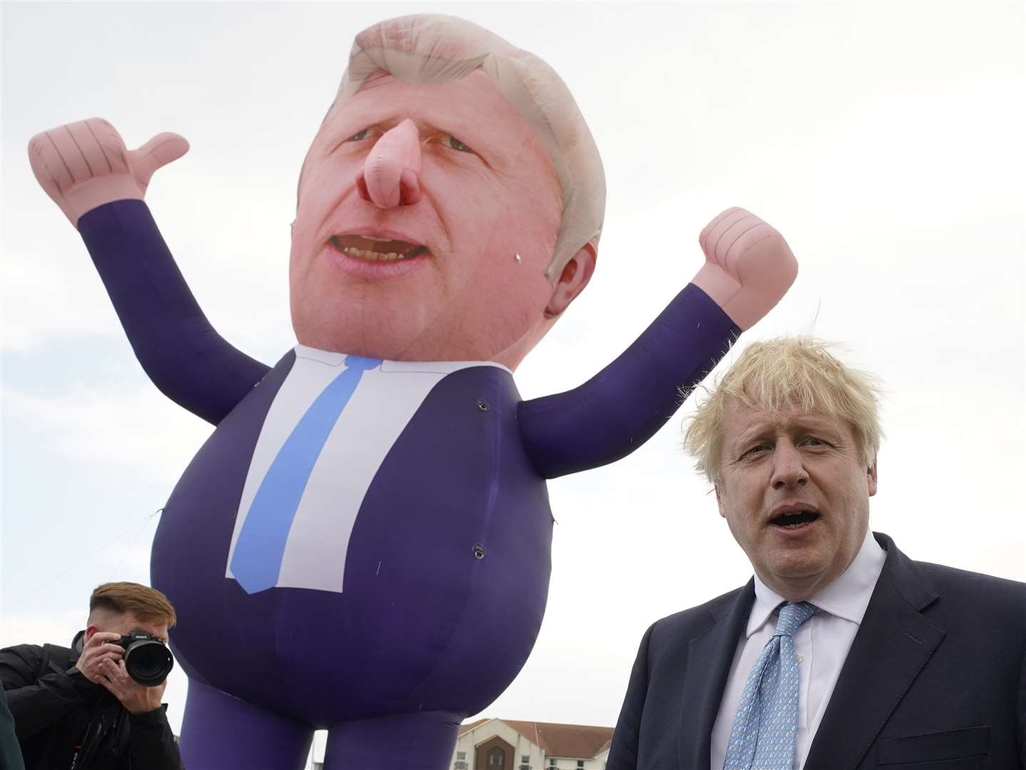 Boris Johnson, in front of a giant inflatable of himself, meets newly elected Hartlepool MP Jill Mortimer (Owen Humphreys/PA)