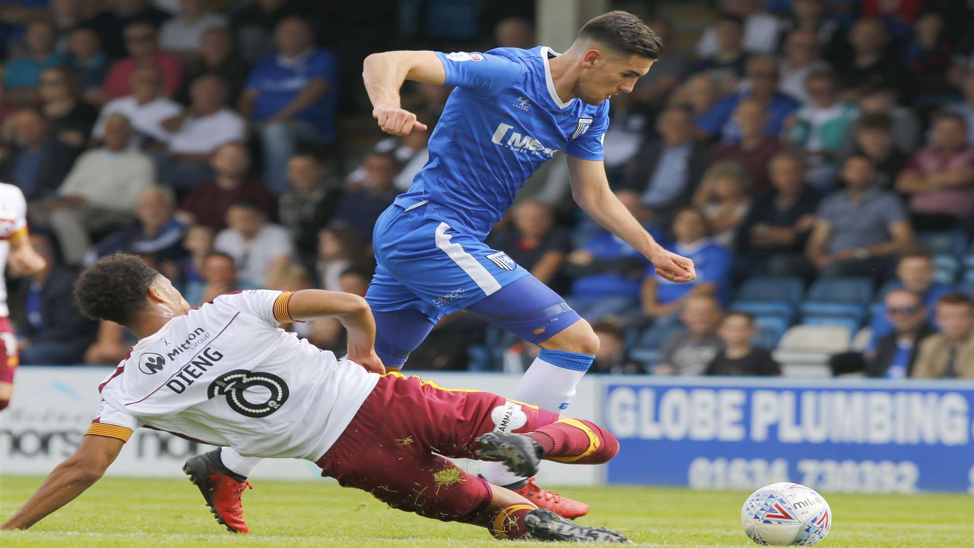 Conor Wilkinson goes forward for Gillingham against Bradford. Picture: Andy Jones