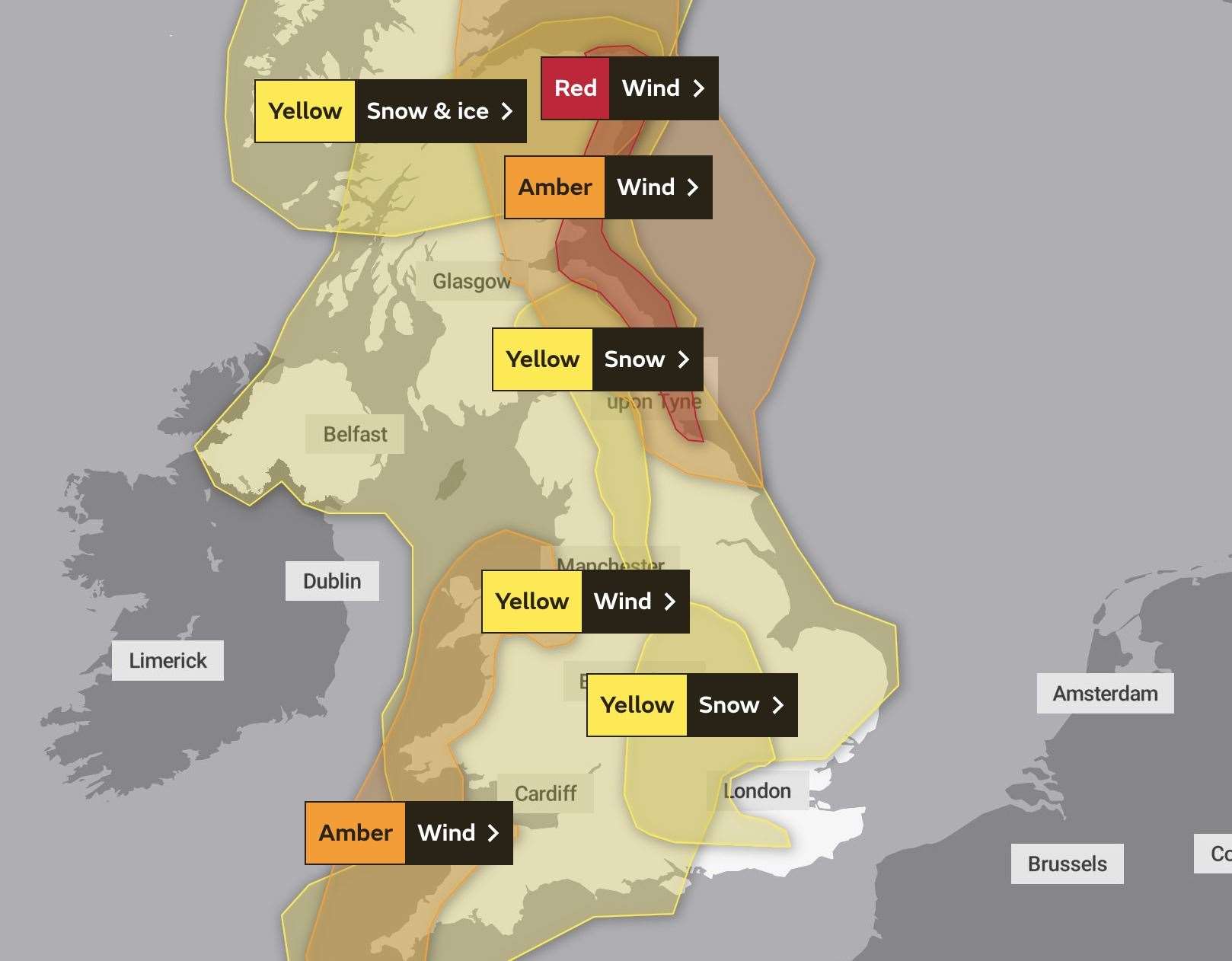Weather warnings were put in place across the UK last night, with some remaining this morning. Picture: The Met Office