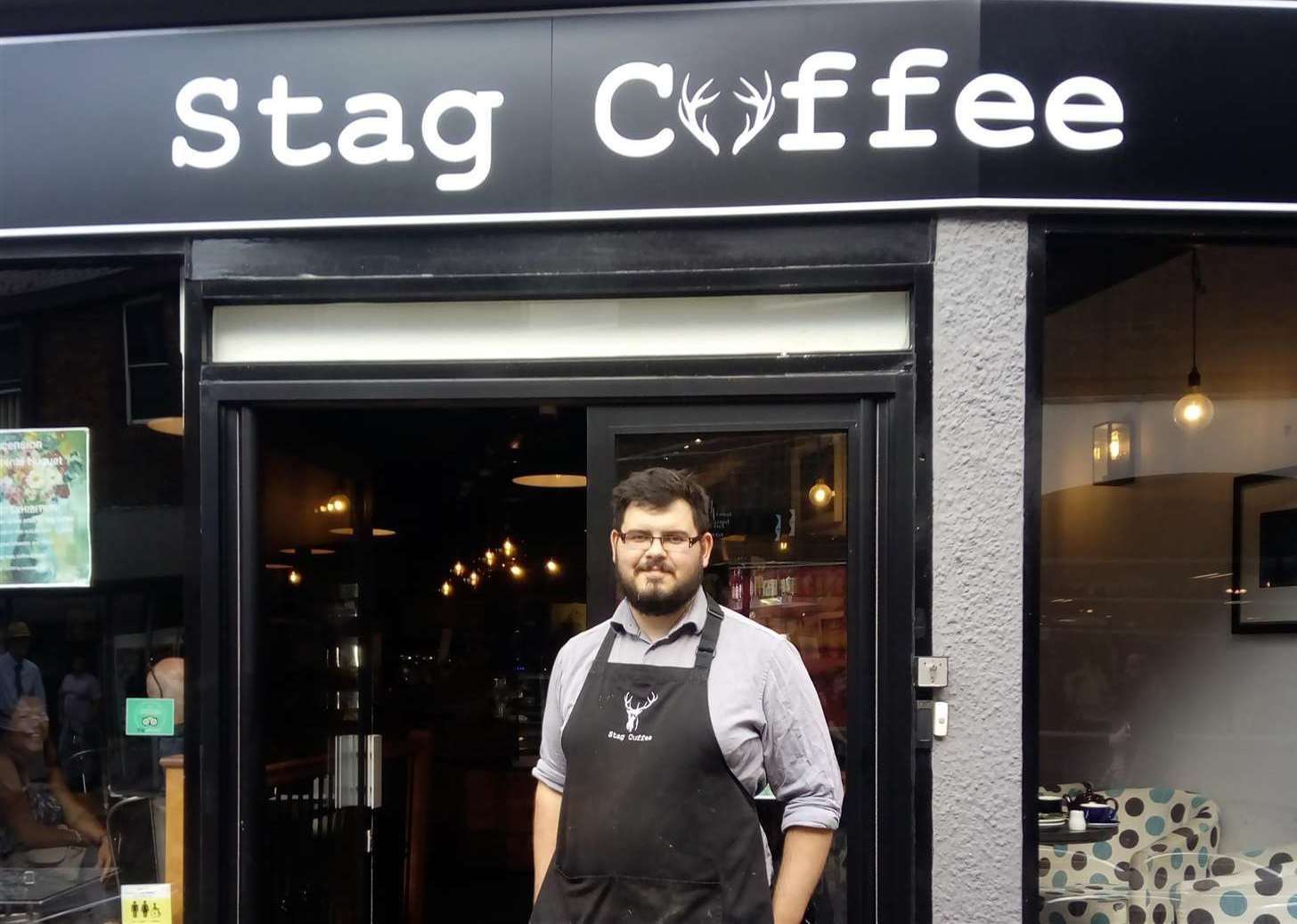 Freddie Hewett outside his Stag coffee shop in Ashford high street, which will now offer a Tex-Mex takeaway